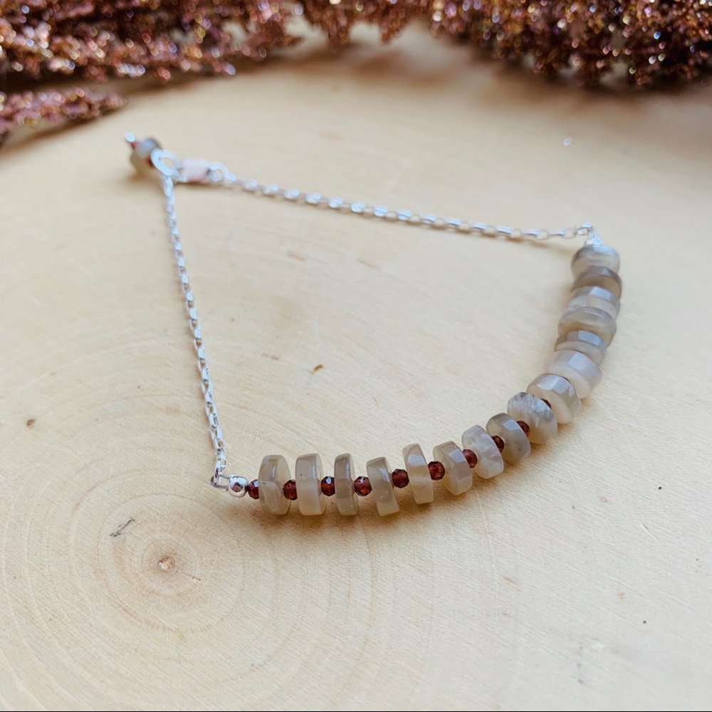 Moonstone & Garnet Gems Crystal Sterling Bracelet